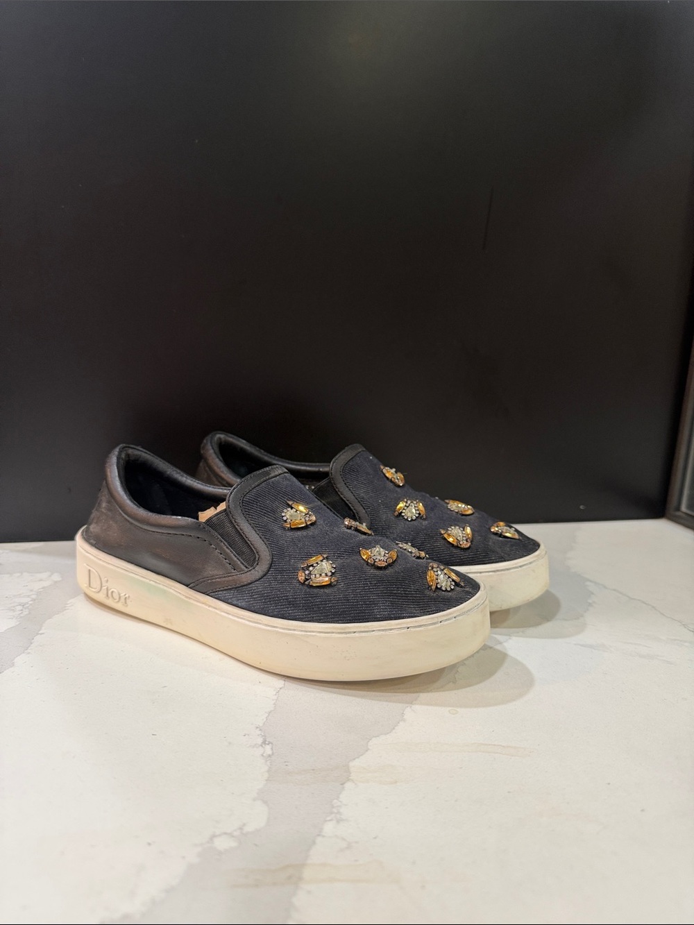 Dior Black Slip-On Sneakers with Gold Bee Accents